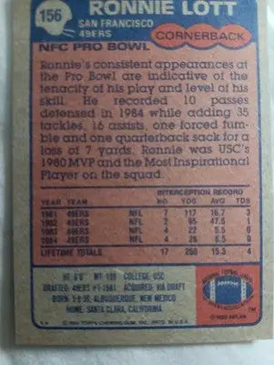1985 Topps - Ronnie Lott #156. San Francisco 49ers. NRMT+ - Football Card Single
