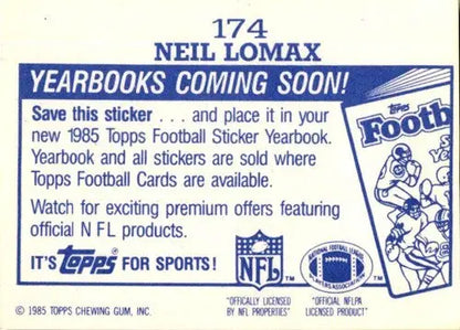 Vintage football card back with original gloss from 1985 Topps Stickers Neil Lomax