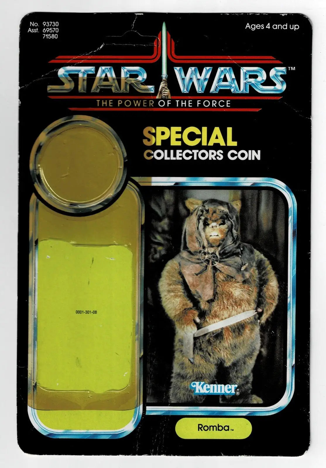 Vintage Star Wars Romba card backer with Ewok action figure and collector’s coin