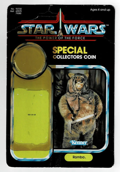 Vintage Star Wars Romba card backer with Ewok action figure and collector’s coin