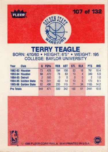 1986-87 Fleer Basketball Terry Teagle base rookie card featuring rookie card collectible