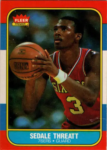 Sedale Threatt 1986-87 Fleer Basketball base rookie card displayed in collector’s product