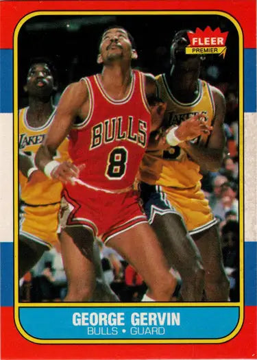 George Gervin basketball card 1986-87 Fleer rookie card featuring a base rookie card