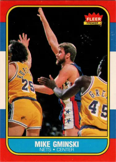 Basketball trading card featuring 1986-87 Fleer Mike Gminski base rookie card