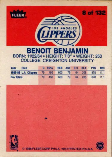 Benoit Benjamin 1986-87 Fleer basketball base rookie card featuring player image