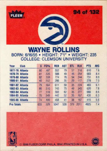1986-87 Fleer Wayne Tree Rollins rookie card, base rookie card basketball collectible