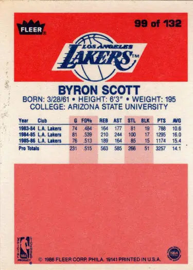 1986-87 Fleer Byron Scott basketball card showcasing a base rookie card for collectors