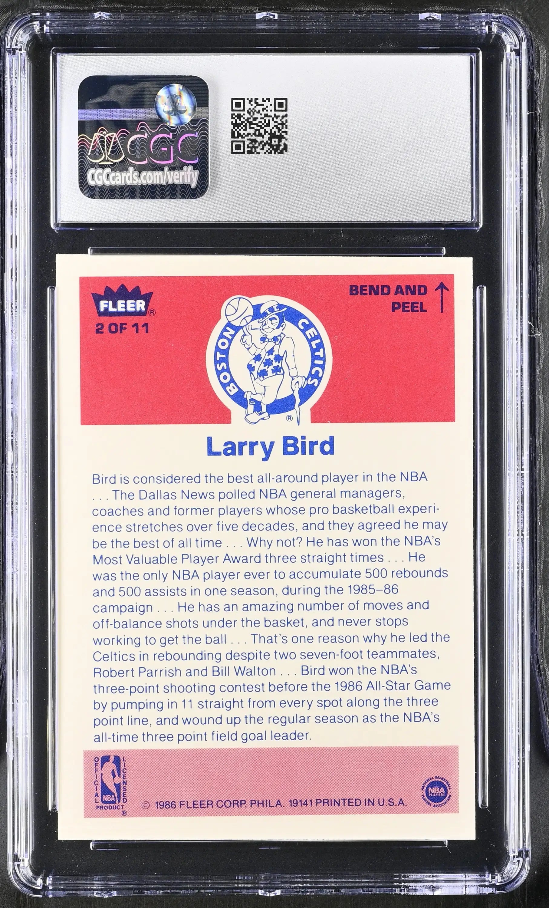 1986-87 Fleer Basketball Sticker #2 Larry Bird CGC 8 NM/Mint - Sports Cards - Basketball Single