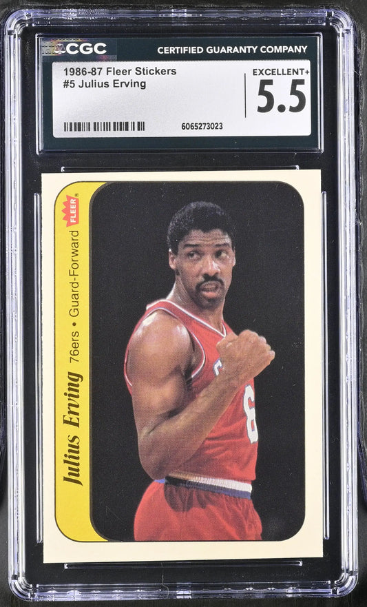 1986-87 Fleer Basketball Sticker #5 Julius Erving CGC 5.5 Excellent+ - Sports Cards - Basketball Single