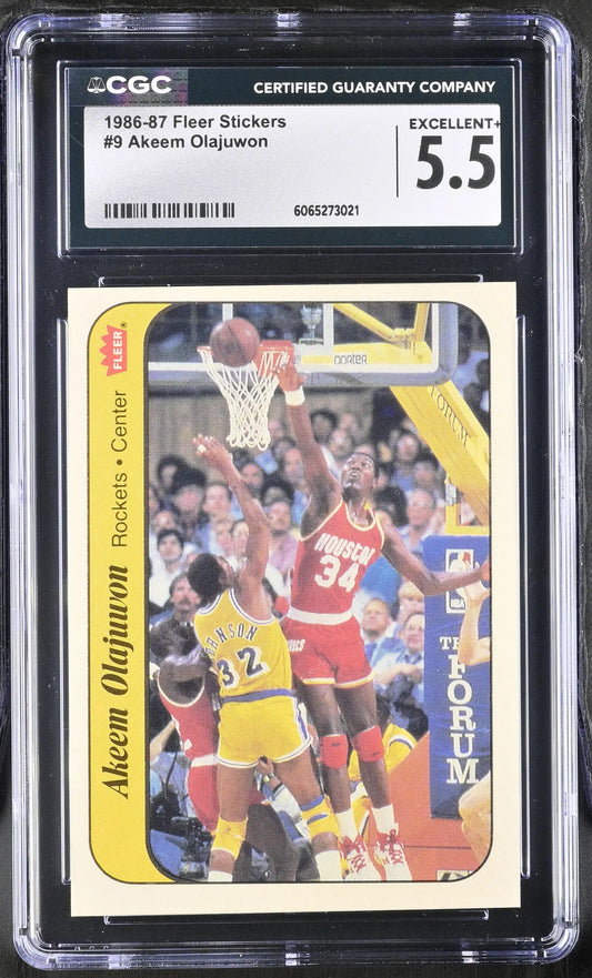 1986-87 Fleer Basketball Sticker #9 Akeem Olajuwon CGC 5.5 Excellent+ - Sports Cards - Basketball Single