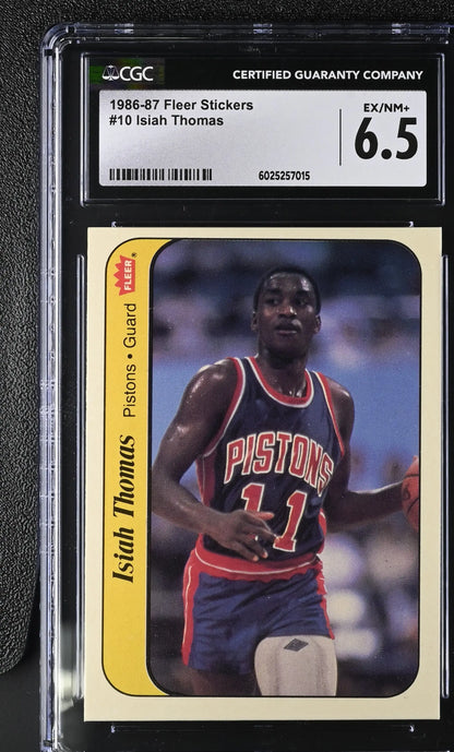 Graded 1986-87 Fleer Isiah Thomas basketball card featuring Detroit Pistons icon in excellent condition