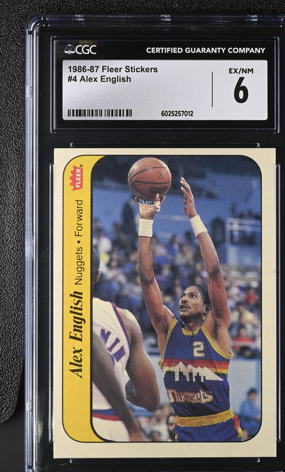 Graded Fleer Basketball Alex English Denver Nuggets sticker card CGC 6 Ex/NM