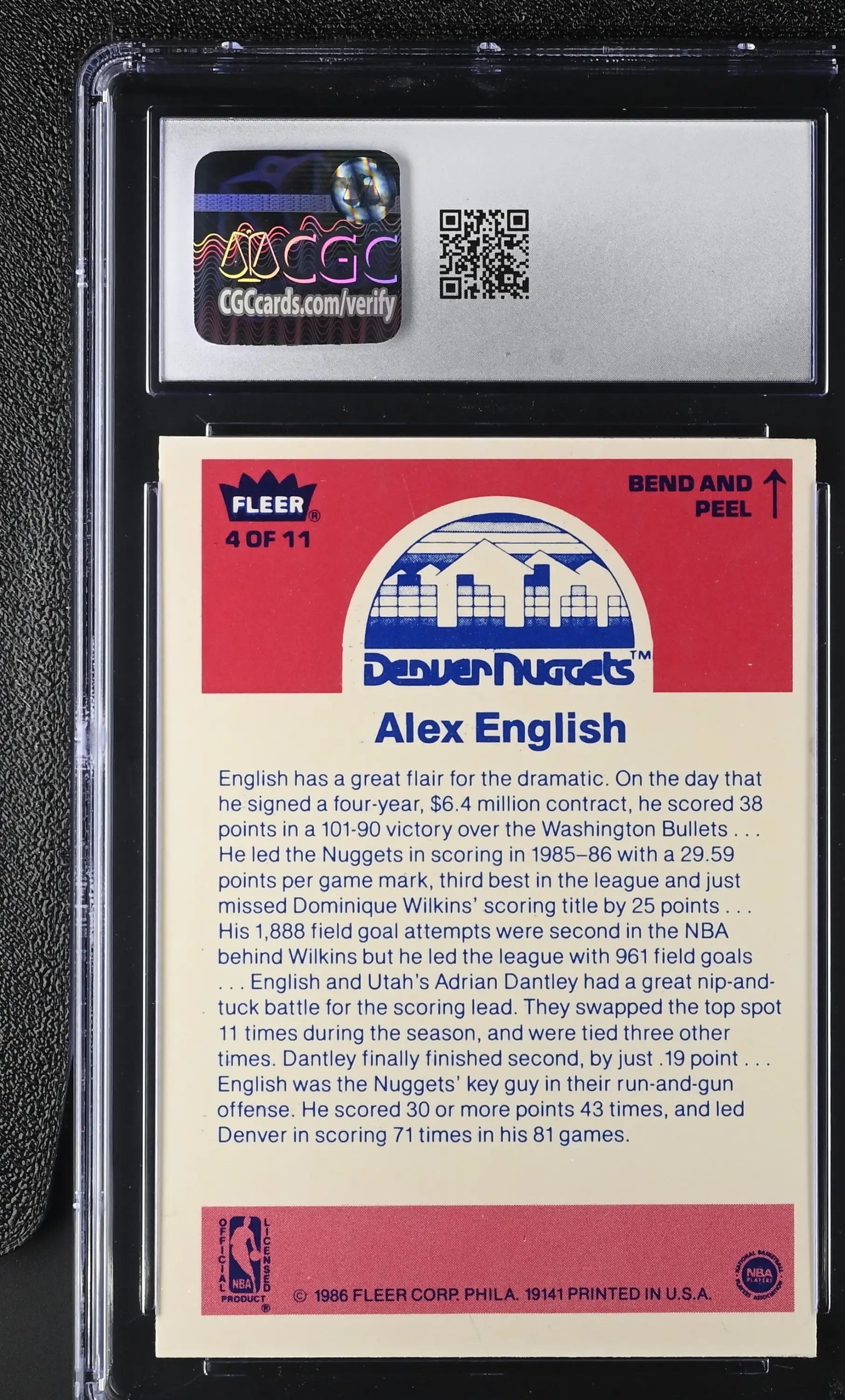 Fleer basketball Alex English Denver Nuggets trading card from 1986-87 Fleer Stickers