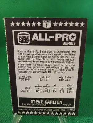 1986 Burger King All Pro Steve Carlton #6. Phillies. EX-NRMT - Baseball Card Single