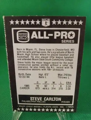 1986 Burger King All Pro Steve Carlton #6. Phillies. EX-NRMT - Baseball Card Single