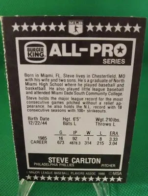 1986 Burger King All Pro Steve Carlton #6. Phillies. EX-NRMT - Baseball Card Single