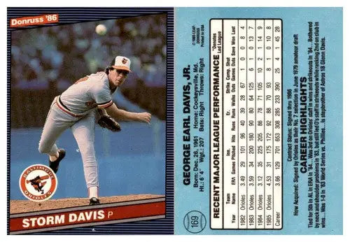 Original gloss baseball card featuring Storm Davis from 1986 Donruss #169