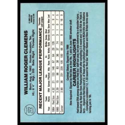 1986 Donruss #172 Roger Clemens EX/NM Boston Red Sox Baseball Card