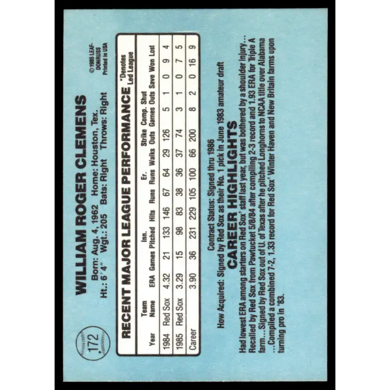 1986 Donruss #172 Roger Clemens EX/NM Boston Red Sox Baseball Card - Baseball Card Single