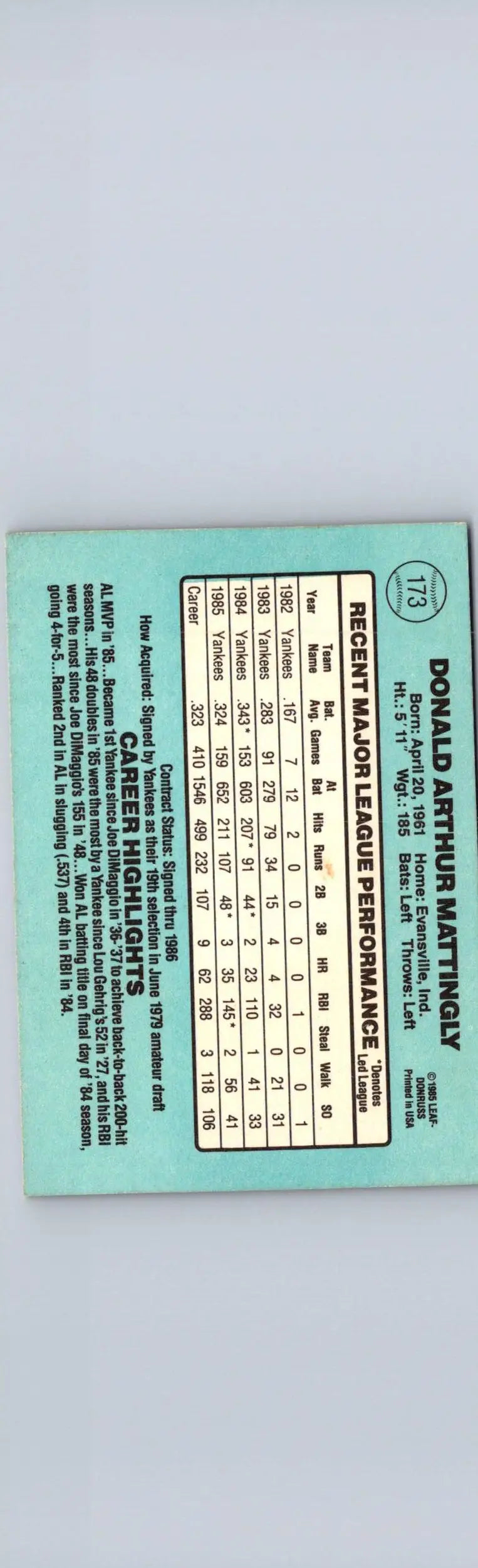 Vintage 1986 Donruss Don Mattingly baseball card featuring Donald Arthur Mattingly