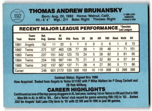 1986 Donruss Tom Brunansky baseball card with original gloss, Twins player collectible