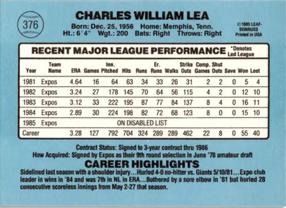 Original gloss Charlie Lea baseball card from 1986 Donruss Simply Sandoval collection