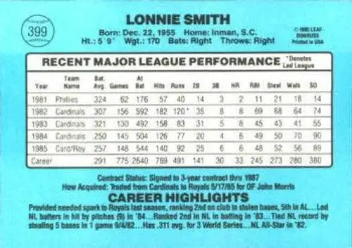 1986 Donruss #399 Lonnie Smith NM-MT Royals ID:21776 - Baseball Card Single