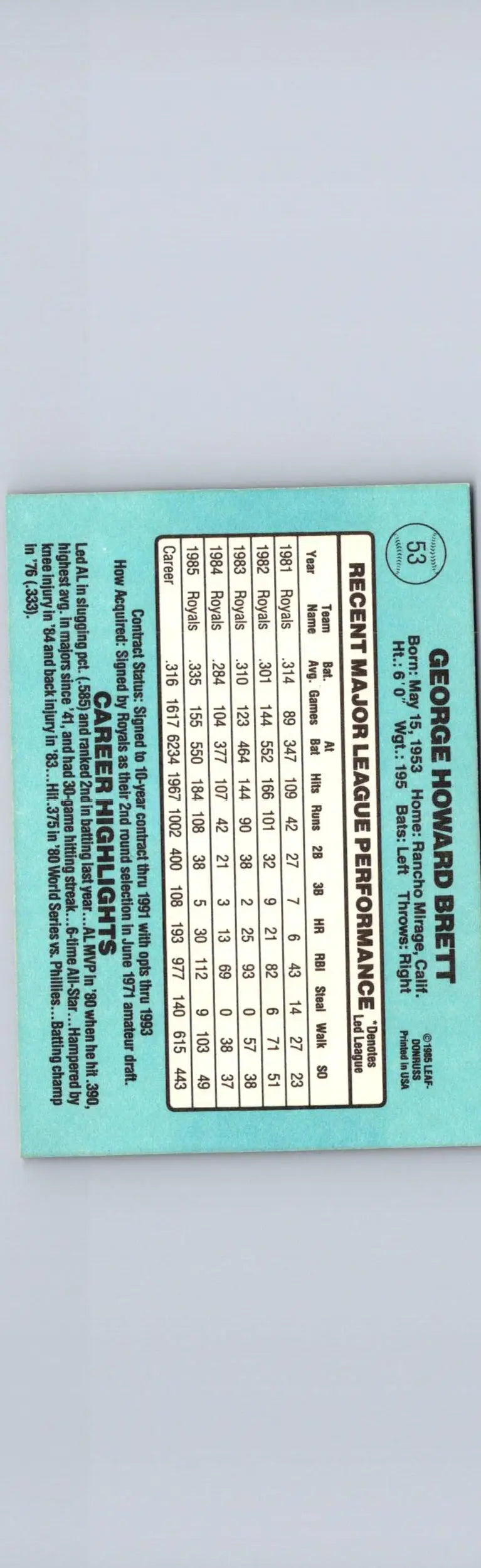 Back of 1986 Donruss George Brett baseball card with player stats and highlights
