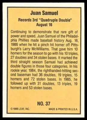 1986 Donruss Highlights Juan Samuel #37 Baseball - Baseball Card Single