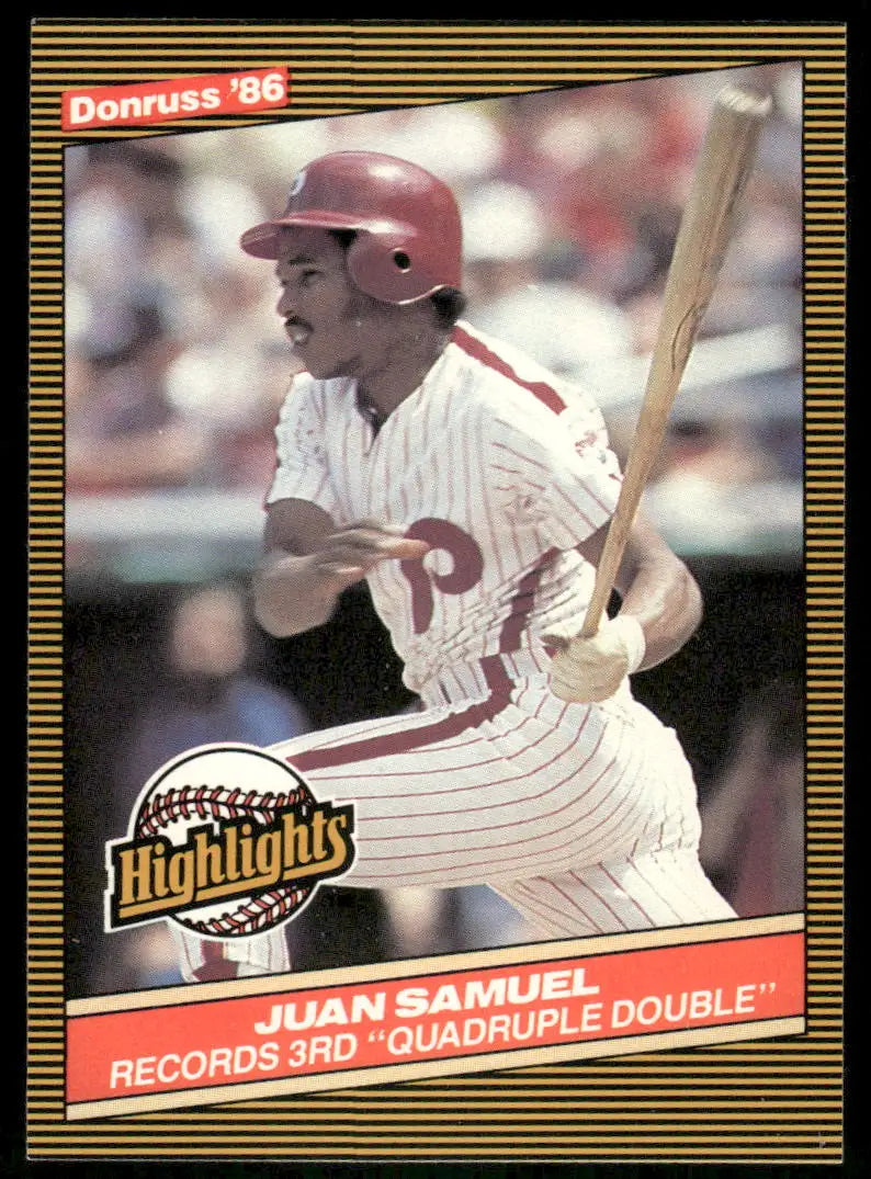 Vintage 1986 Donruss Highlights Juan Samuel baseball card with player in uniform holding a bat