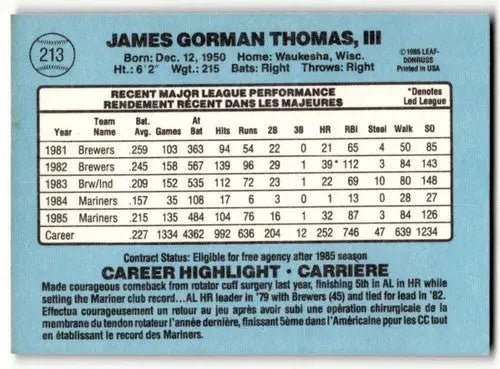 1986 Donruss/Leaf #213 Gorman Thomas EX/NM Mariners ID:39052 - Baseball Card Single