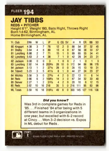 1986 Fleer #194 Jay Tibbs EX/NM Reds ID:49057 - Baseball Card Single
