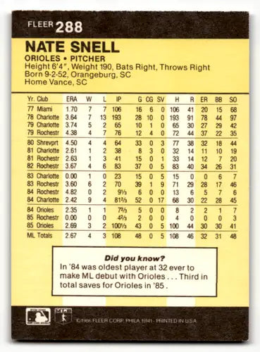 1986 Fleer Nate Snell baseball card showing original gloss Orioles ID 54424