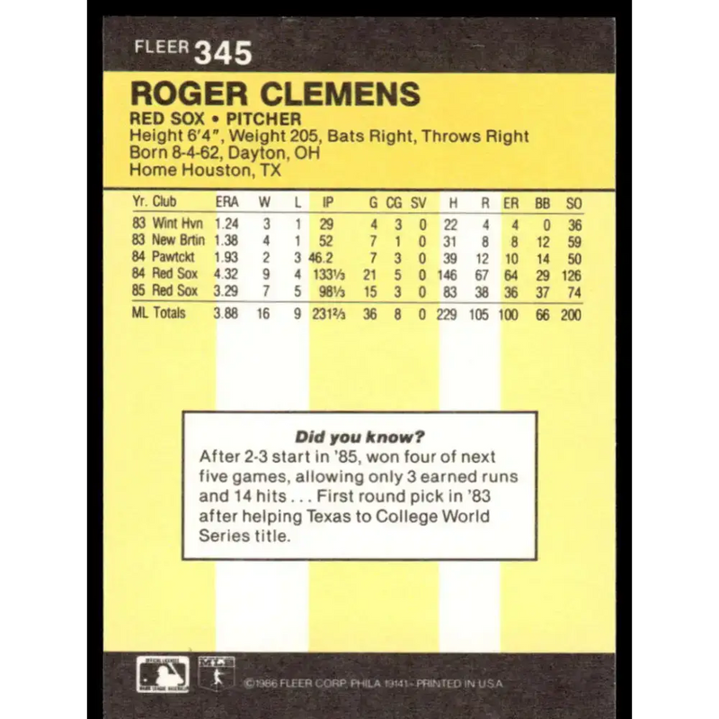 1986 Fleer #345 Roger Clemens EX/NM Boston Red Sox Baseball Card - Baseball Card Single
