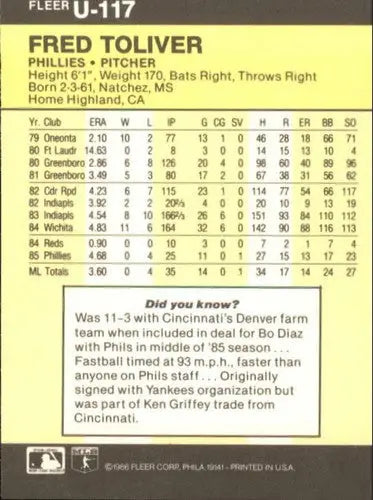 Original gloss Fred Toliver baseball card from 1986 Fleer Update series