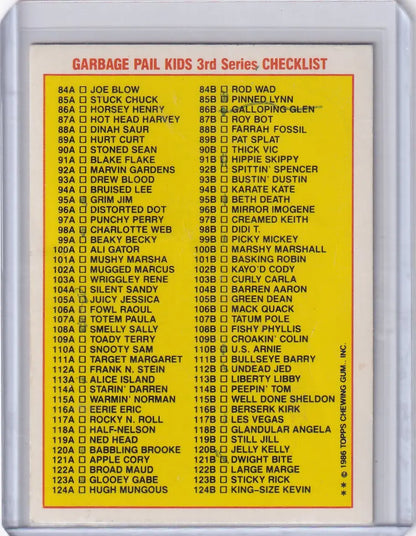Garbage Pail Kids checklist card from Pail Kids Series 3 91b Hippie Skippy