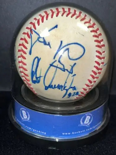 Autographed baseball in display case featuring 1986 MLB Rookies signatures and BAS authentication