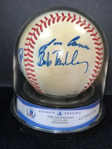 Autographed baseball in display case from 1986 MLB Rookies multi-signed collection