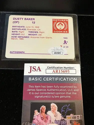 1986 Mother’s Cookies Dusty Baker #3 Oakland A’s JSA Certified AUTO