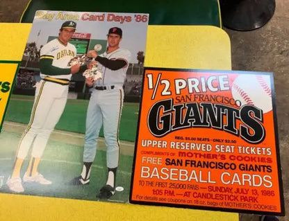 Baseball memorabilia featuring 1986 Mothers Cookies Store Display Jose Canseco trading cards