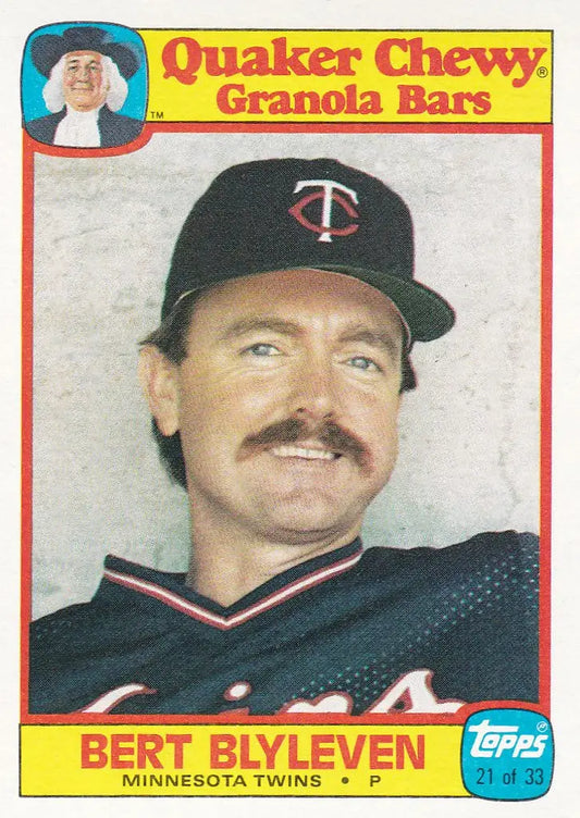 1986 Quaker Oats Bert Blyleven #21 baseball card of a Minnesota Twins player with mustache