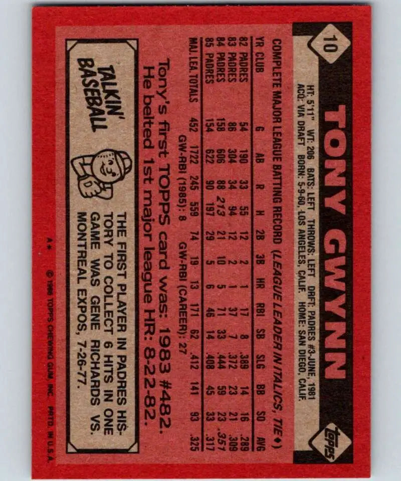 1986 Topps #10 Tony Gwynn EX Excellent San Diego Padres Baseball Card - Baseball Card Single