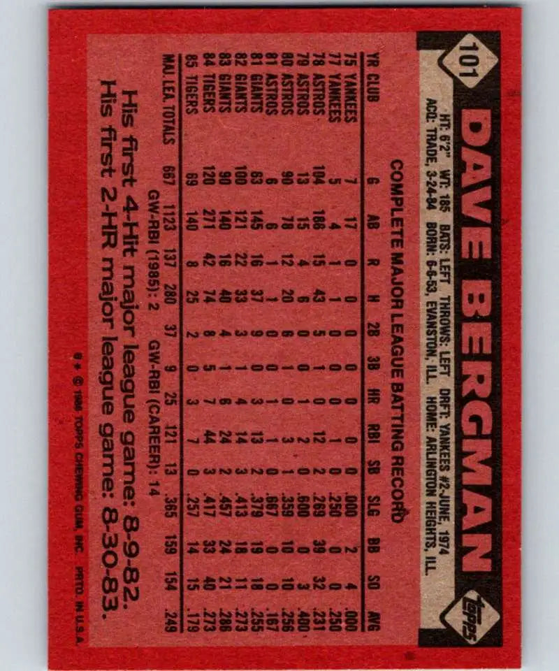 1986 Topps #101 Dave Bergman EX Excellent Detroit Tigers Baseball Card - Baseball Card Single
