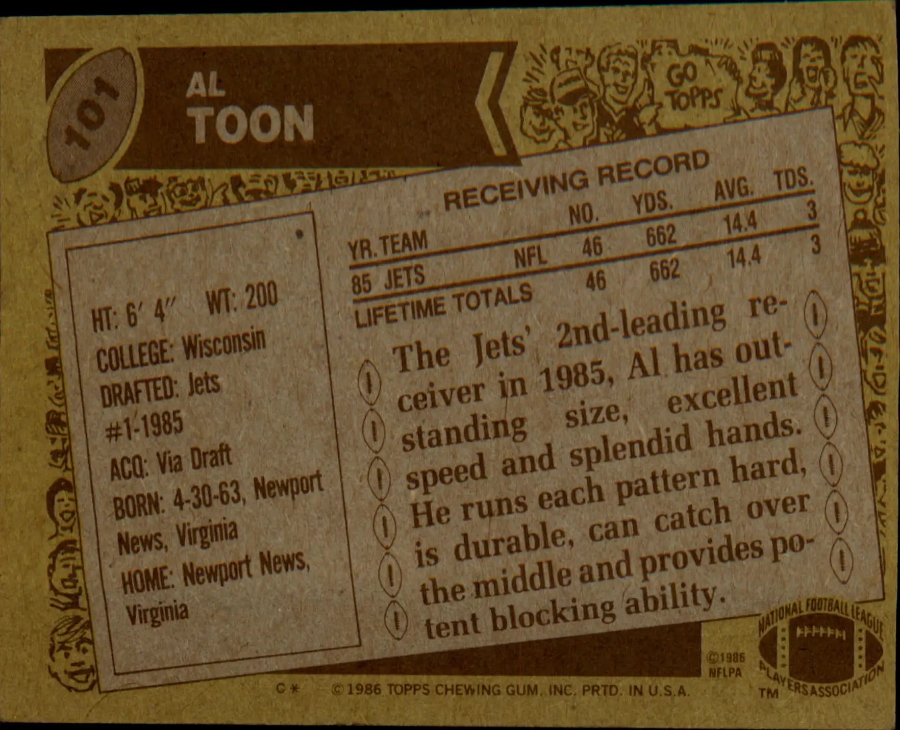 1986 Topps #101b Al Toon Rookie Rookie - Football Card Single