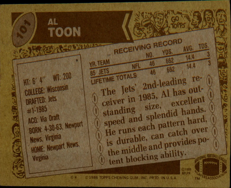 1986 Topps #101b Al Toon Rookie Rookie - Football Card Single