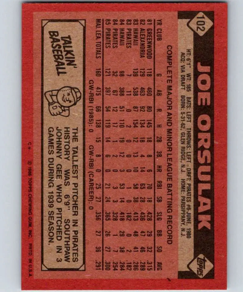 1986 Topps #102 Joe Orsulak EX Excellent RC Rookie Pittsburgh Pirates Baseball Card - Baseball Card Single