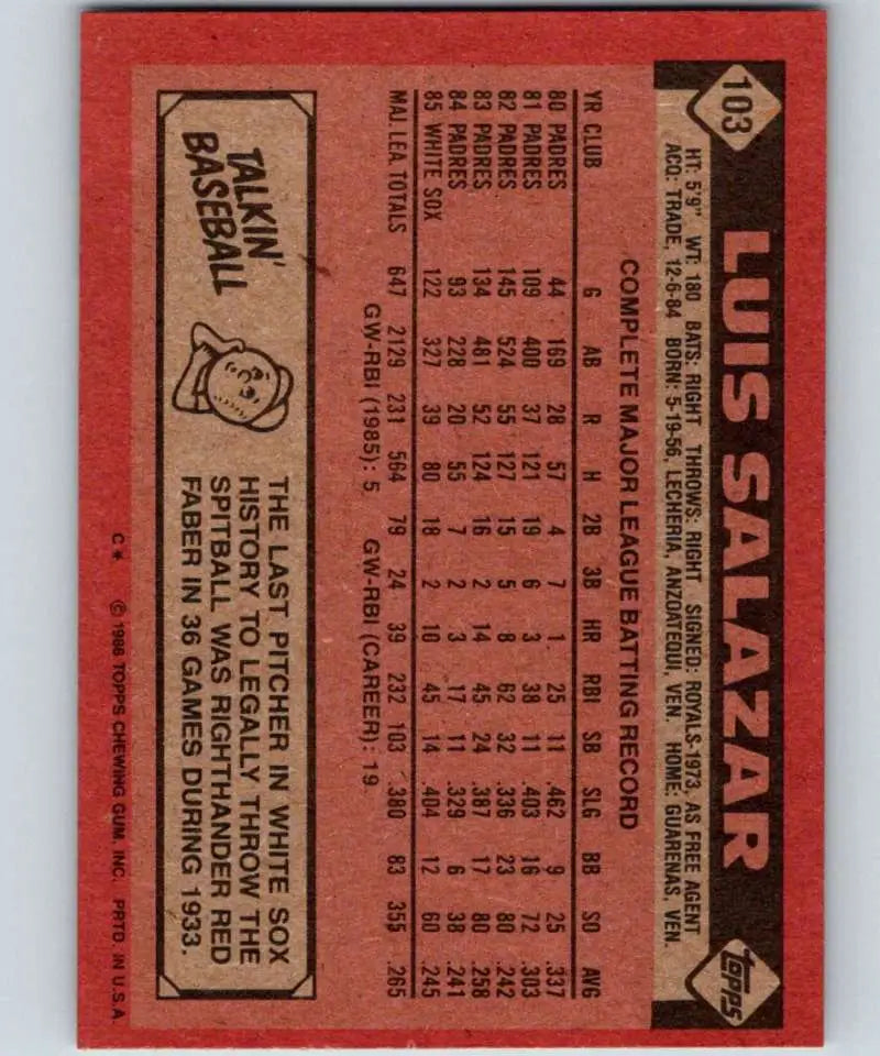 1986 Topps #103 Luis Salazar EX Excellent Chicago White Sox Baseball Card - Baseball Card Single
