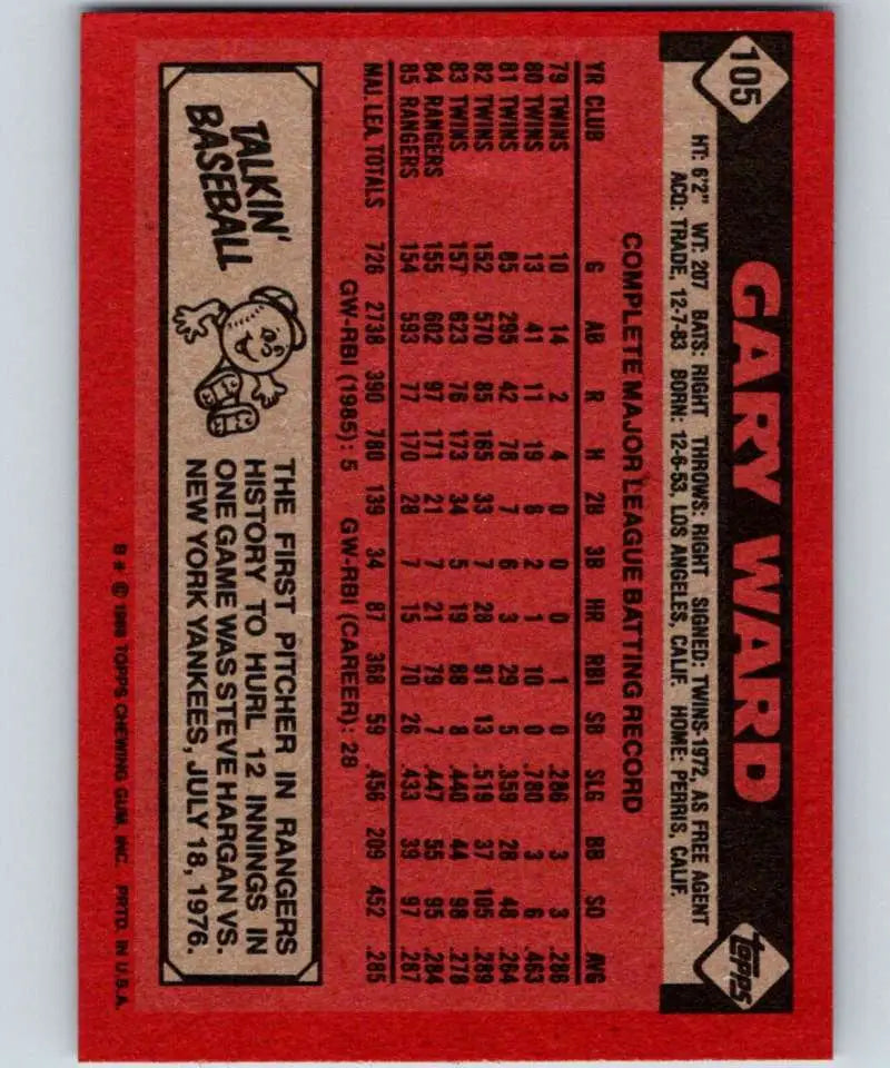 1986 Topps #105 Gary Ward EX Excellent Texas Rangers Baseball Card - Baseball Card Single