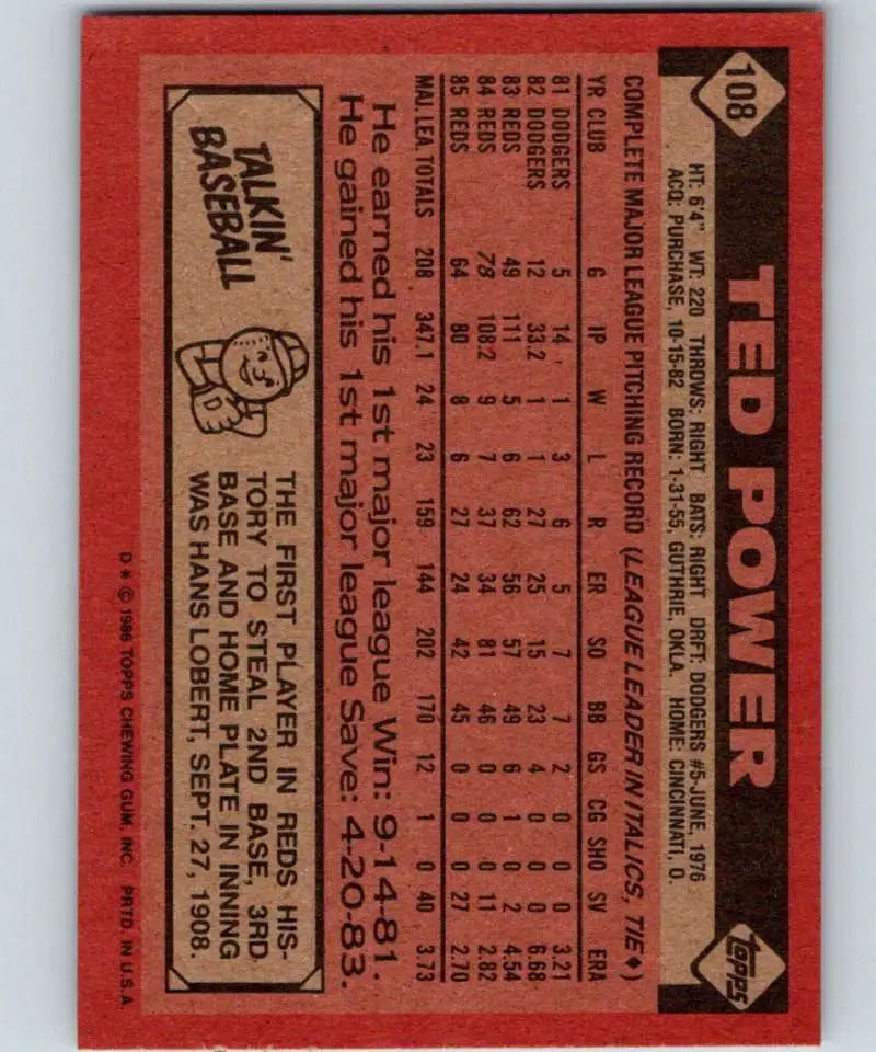1986 Topps #108 Ted Power EX Excellent Cincinnati Reds Baseball Card - Baseball Card Single
