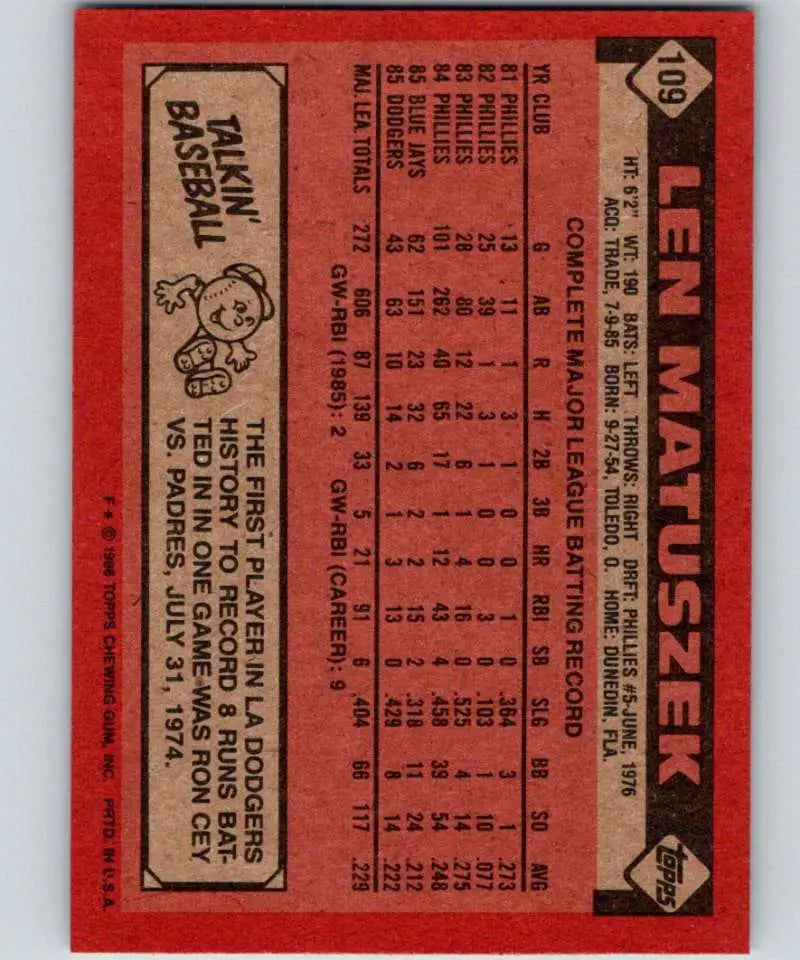 1986 Topps #109 Len Matuszek EX Excellent Los Angeles Dodgers Baseball Card - Baseball Card Single